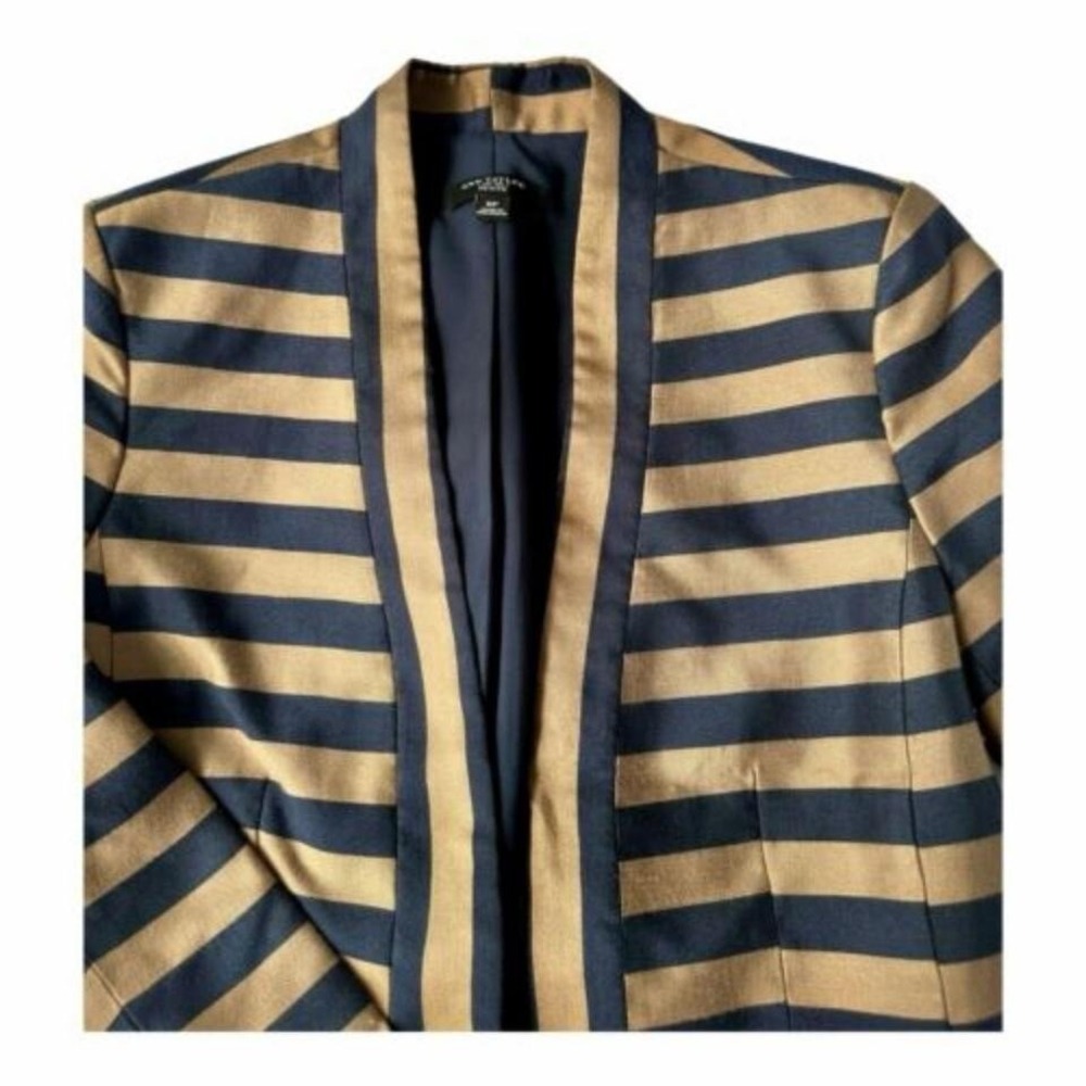Ann Taylor Women's Striped Blazer Navy Tan Open Front Jacket